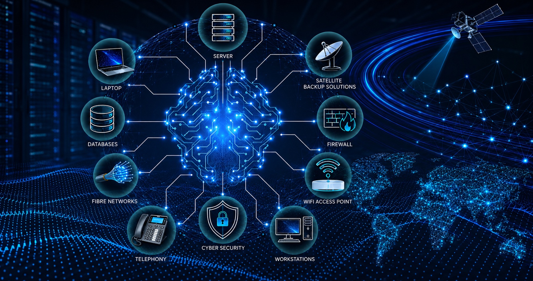 IT Insight's connected technology stack: laptops, servers, databases, fibre networks, telephony, cyber security, workstations, firewalls, WiFi and satellite backup, all linked together